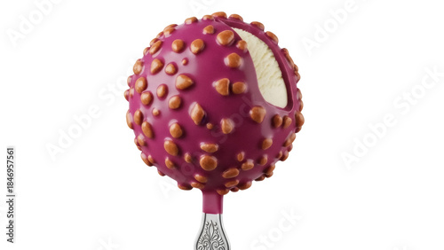 Delicious purple ice cream ball with nuts isolated PNG, sweet dessert on a stick for summer treat and confectionery design