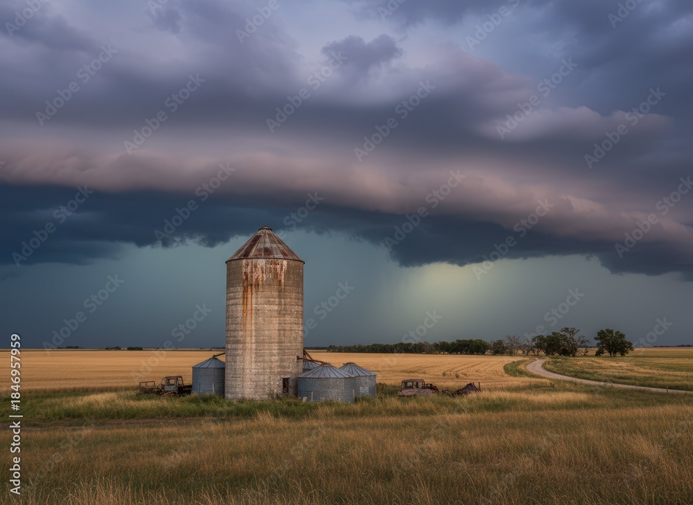Fototapeta premium Dramatic Sky Over Silos Amidst Golden Fields and Rolling Storm Clouds