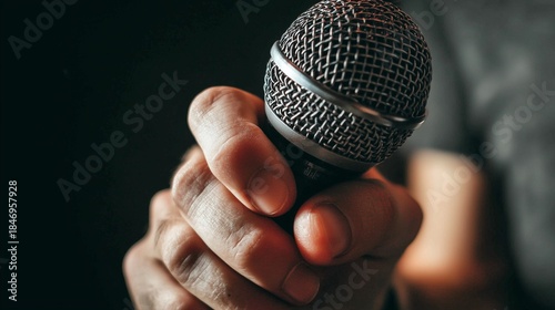 Hand holding microphone, music performance or speech concept