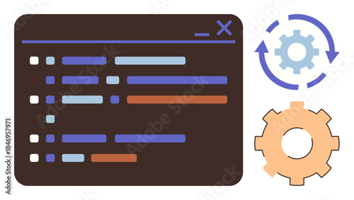 Programming interface with colorful code lines and gears symbolizing automation, development, and workflow. Ideal for technology, software engineering, coding, debugging, system optimization