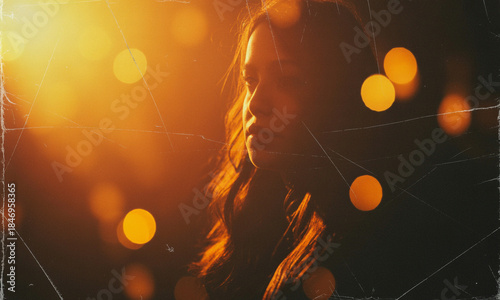 Profile of a Young Woman with Wavy Hair in Warm Golden Light with Bokeh and Scratches female portrait