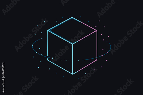 Futuristic glowing wireframe cube with orbiting data particles representing technology and digital concepts