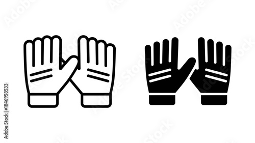 Essential gloves icon set for safety and work tasks: featuring outline and solid black designs