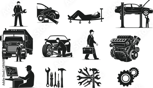 Auto repair, mechanic icon, car service, diagnostic tools, engine maintenance, garage scene, wrench silhouette, vehicle inspection, toolbox vector, mechanical illustration, automotive technician