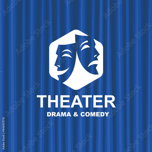 icon of comedy and tragedy theatrical masks with blue curtains