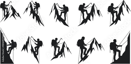 Mountain climbing silhouette, outdoor adventure, climber with rope, ice axe, cliff ascent, extreme sport, rugged terrain, mountaineering gear, alpine action, vertical challenge