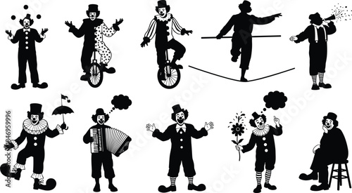 Clown performance silhouettes, circus icons, juggling act, unicycle rider, tightrope walker, comedy pose, accordion player, umbrella gesture, playful character