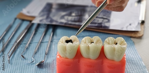 Εκτύπωση καμβά Dentist demonstrating procedure on dental model during dental exam to educate pa