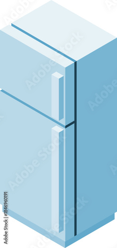 A clean and simple isometric illustration of a light blue refrigerator with a freezer compartment on top