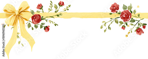 Elegant watercolor floral ribbon design with a golden bow and red roses for festive decoration