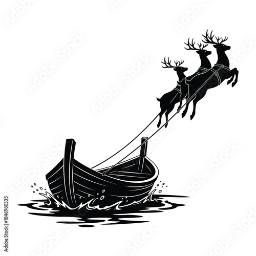 Humorous monochrome illustration of christmas reindeer pulling a small wooden rowboat that is splashing through the water.