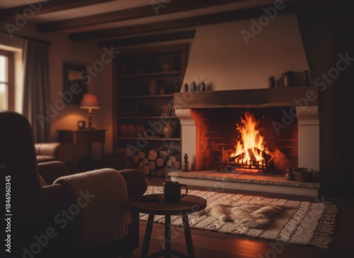 Cozy Living Room with Fireplace and Warm Flames in Evening Glow