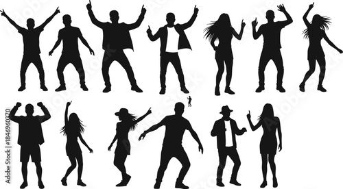 Dance silhouette icon set, expressive movement, party people, celebration poses, vector illustration, black pictogram, rhythm gesture, social dancing graphic