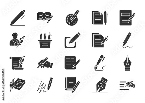 Writing thin glyph icon set. Containing book, compose, paper and pen, text, writer, stationery, edit, document, draw, script