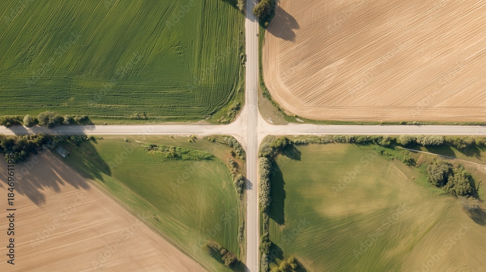 Fototapeta premium Intersection of roads in rural area with farmland surrounding it in bright daylight