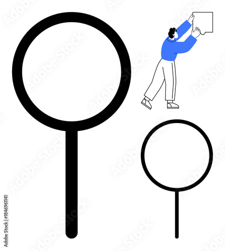 Exploration concept. Large magnifying glass analysis and search. Person holding a board highlights creativity and ideas. Perfect for research, solutions, study, investigation, and discovery