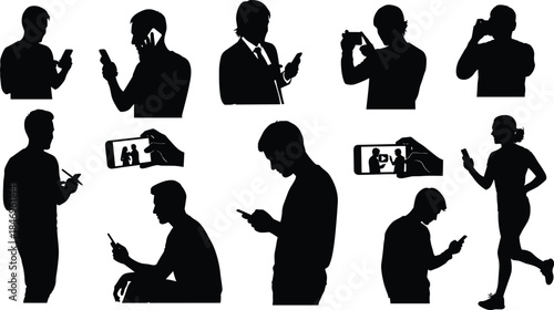 Mobile phone usage silhouette set, smartphone interaction icons, selfie, texting, calling, vector illustration, black pictogram, digital behavior graphic
