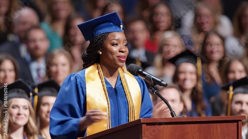 Young Woman Giving Graduation Speech at Podium With Audience