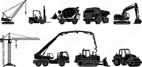Silhouettes of construction vehicles, tower crane, bulldozer, excavator, cement mixer, dump truck, forklift, road roller, mobile crane, industrial equipment
