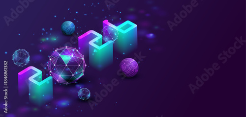 2026 calendar card in ai technology style. New Year of 2026 with neon number and wireframe tech sphere. Isometric vector banner background.