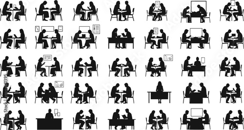 Silhouettes of interview scenes, consultation, business meeting, HR evaluation, desk posture, teamwork, black vector, office, communication, discussion