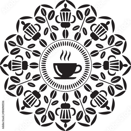 Coffee mandala, moka pot, coffee beans, floral pattern, cafe logo, morning drink, abstract ornament, espresso cup, decorative art, vector round