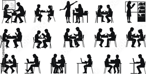 Silhouettes of tutoring scenes, student teacher interaction, reading, writing, laptop use, classroom posture, black vector, education, learning, guidance
