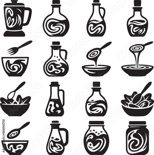 Oil bottle, sauce mixing, salad dressing, vinegar jar, liquid swirl, cooking ingredients, olive oil, condiment bowl, kitchen spoon, food preparation