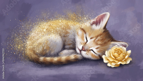 Firefly kitten asleep next to glowing gold rose petals melting into gold dust dreamy soft light, peaceful fantasy scene, magical feline, gentle atmosphere
