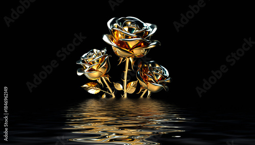 Golden roses with high shine reflections stand gracefully above rippling water surface, merging seamlessly into golden river, creating luxurious and elegant atmosphere