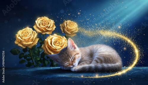 Firefly kitten asleep next to glowing gold rose petals melting into gold dust dreamy soft light, magical atmosphere, peaceful night fantasy