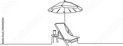 Continuous one line drawing of Beach chair lounger with umbrella. Single line drawing illustration of Beach umbrella and chair.