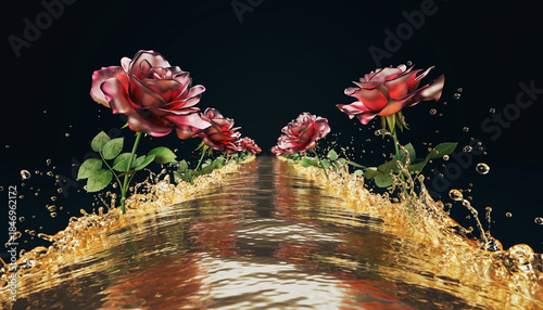 Red roses with green leaves merge into golden liquid river, creating high shine reflections and surreal, luxurious atmosphere on black background