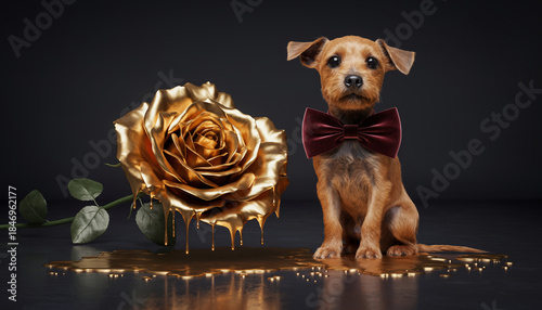 Golden rose melting beside small brown dog wearing velvet bow tie elegant dark background luxury surreal emotional creative unique pet flower