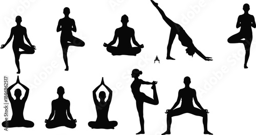 Yoga poses, silhouette illustration, meditation, stretching, balance, wellness, fitness, mindfulness, exercise, flexibility, body movement