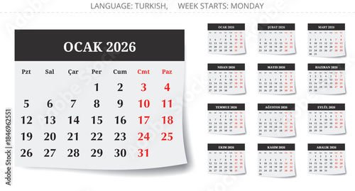 2026 year turkish calendar collection of 12 months. Vector illustration pages shadow for Turkey