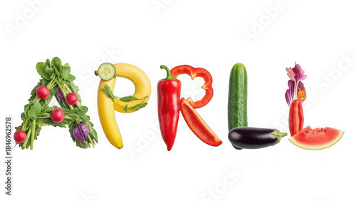 Fresh april lettering made of colorful fruits and vegetables on transparent background