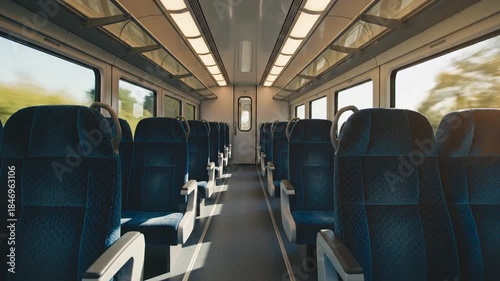 Interior View of Empty Train Carriage with Blue Velvet Seats and Natural Sunlight Streaming Through Windows During Daytime Travel