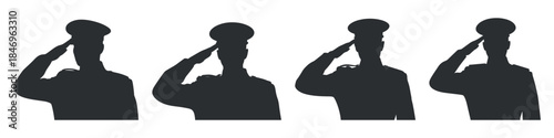 Black silhouette set of military officer saluting gesture, simple flat vector icons representing respect, honor, service, discipline and national duty on white background