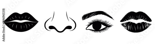 Black facial feature illustration set including eyes, lips and nose, clean flat vector icons for beauty, makeup, cosmetic design, fashion graphics and identity concepts
