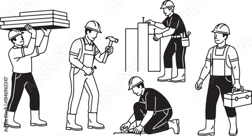 Construction Worker Illustration Set — Professional Builders Carrying Materials, Using Tools and Performing Industrial Labor in Clean Line Art Style