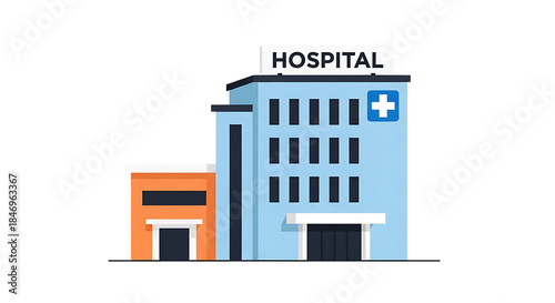 Flat illustration of a modern hospital building with a medical cross sign isolated on transparent background