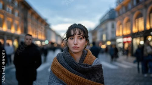 Young woman standing confidently in a bustling city street at dusk