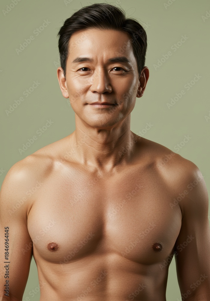 Fototapeta premium Confident middle-aged man posing against green background