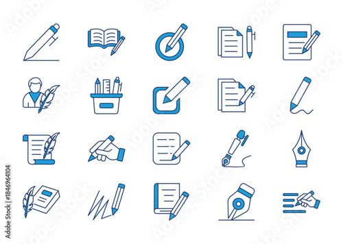 Writing thin blue icon set. Containing book, compose, paper and pen, text, writer, stationery, edit, document, draw, script