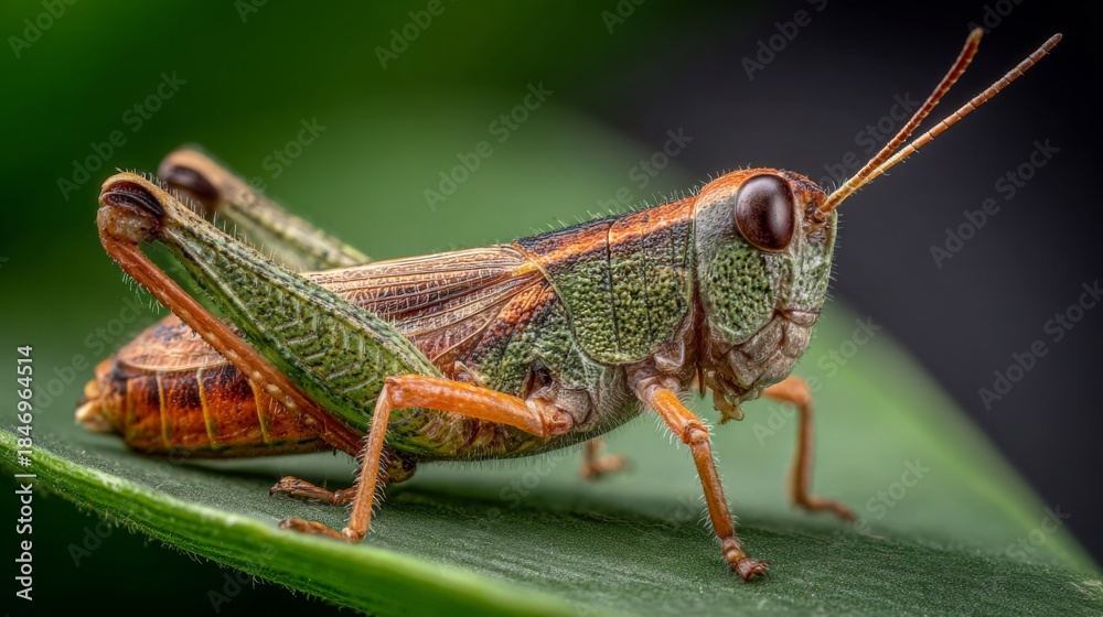 Fototapeta premium Close-up View of Colorful Grasshopper Resting on Green Leaf in Natural Habitat Under Soft Light with Sharp Focus on Intricate Details and Texture