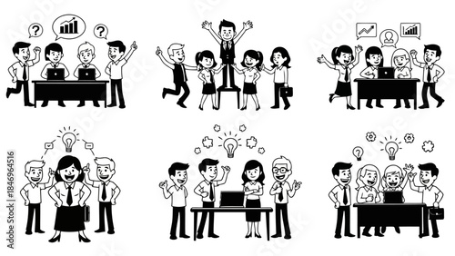 Business team set collection in black and white style showing group of people collaborating on project with various expressions and activities on white background