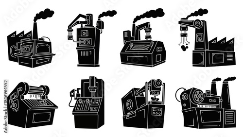 Industrial factory building and machines black and white silhouette set isolated on white background depicting manufacturing plants with smokestacks and robotic arms