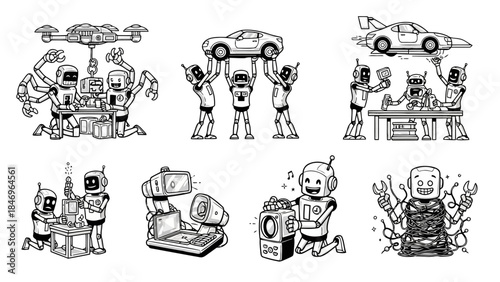 Robot teamwork set collection in black and white style showing androids collaborating on various tasks and projects on white background