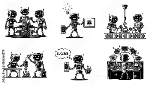 Robot characters black and white set isolated on white background depicting various artificial intelligence scenes with teamwork innovation and success